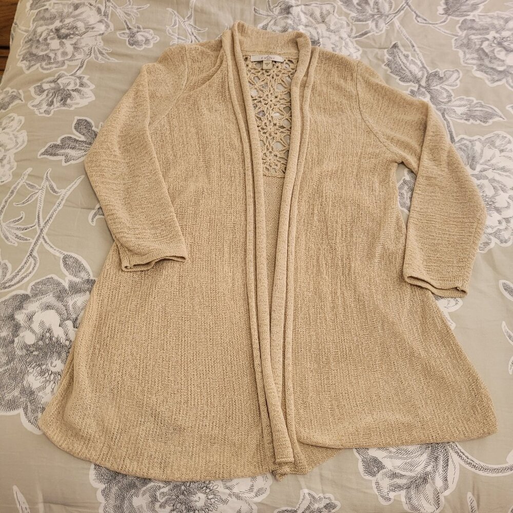 Fever Taupe 3/4 Sleeve Cardigan with Cut out Detail on the Back Size Small EUC